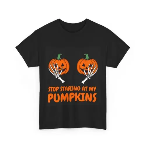 Halloween T-Shirt — "Stop Staring at My Pumpkins" Pumpkin Boobs Funny Costume Shirt